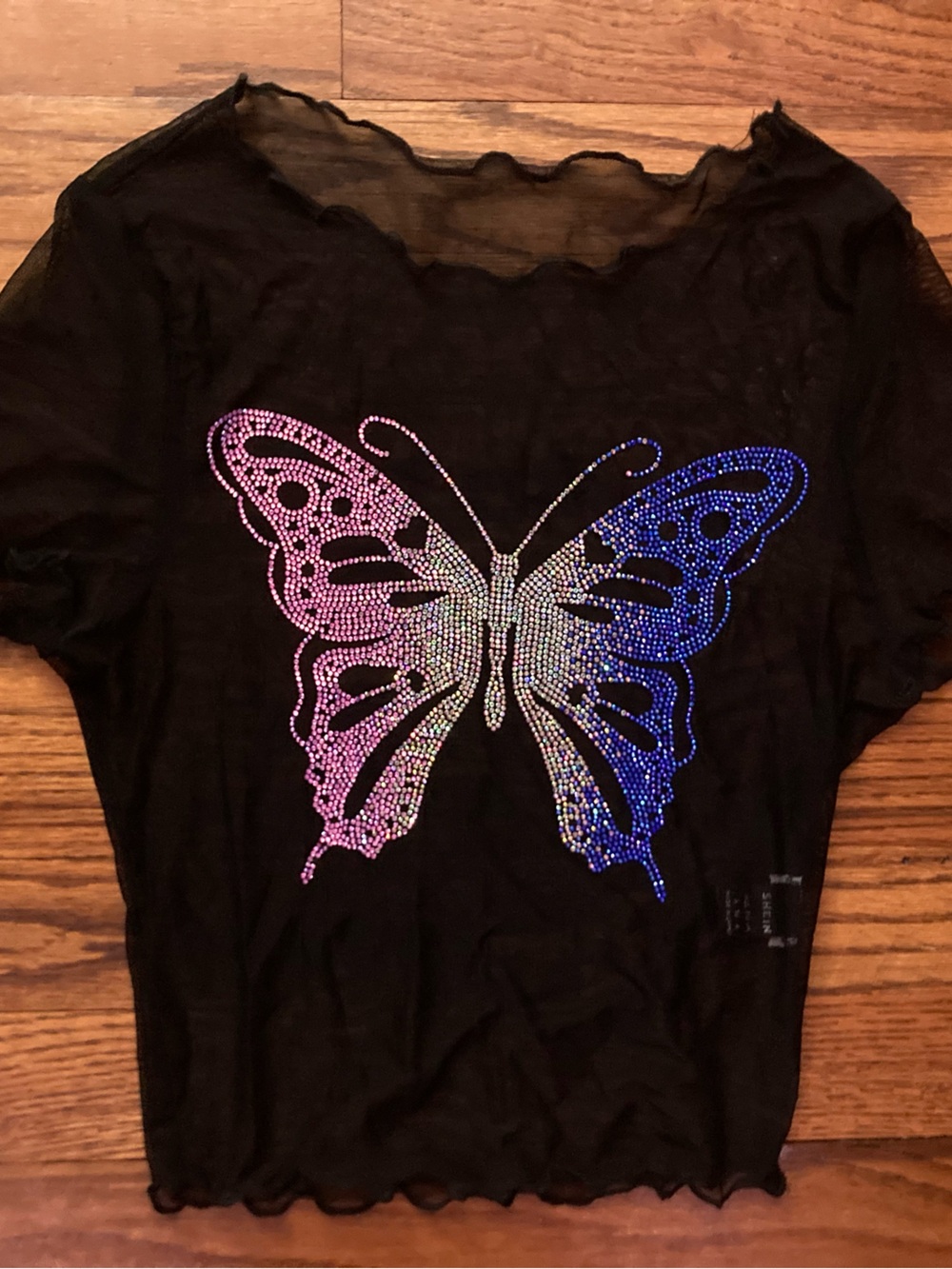 Rhinestoned butterfly mesh crop top
